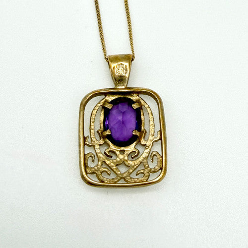 Vintage 9ct Yellow Gold Amethyst Filigree Necklace PG64