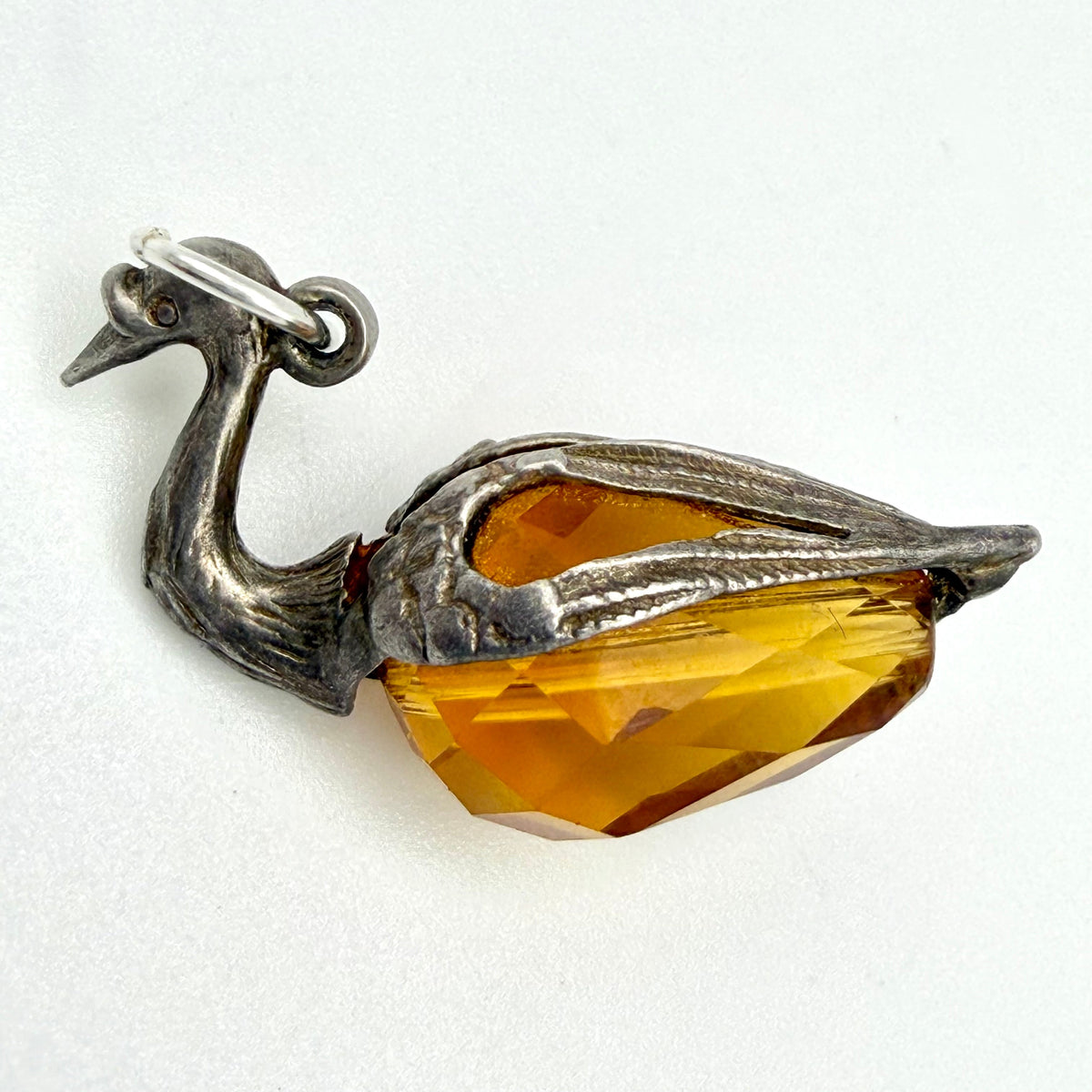 Vintage Sterling Silver Amber Glass Swan Charm Amber Glass