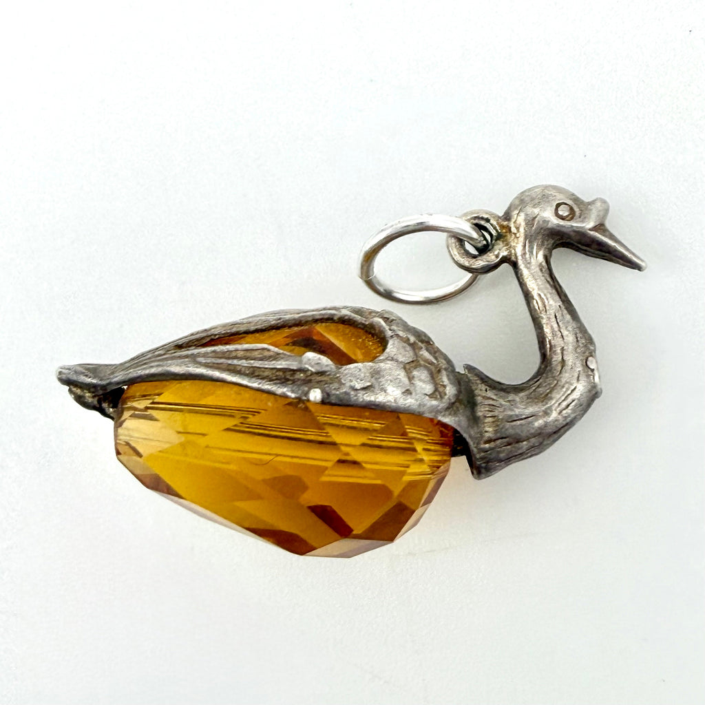 Vintage Sterling Silver Amber Glass Swan Charm Amber Glass