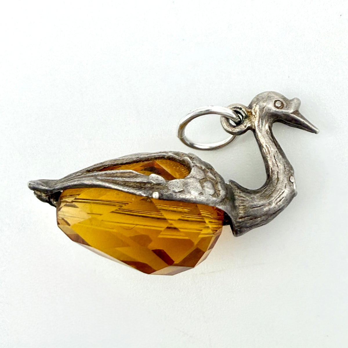 Vintage Sterling Silver Amber Glass Swan Charm Amber Glass