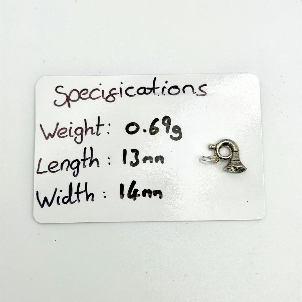 A small silver bell-shaped lobster clasp shown next to a white card labeled 'Specifications' with handwritten measurements and weight.