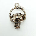 Vintage Sterling Silver Flower Basket Charm with a textured, rustic finish and a twisted stem, shown on a plain white background.