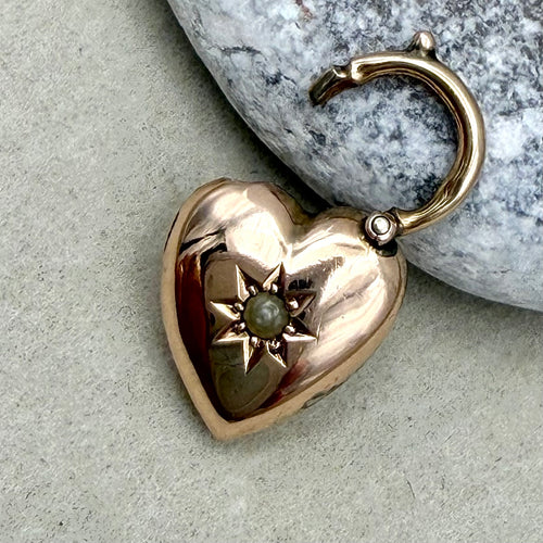 9ct Yellow Gold & Seed Pearl Starburst Heart Padlock