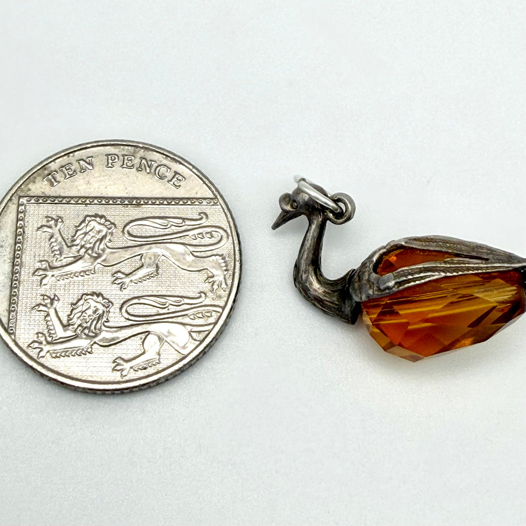 Vintage Sterling Silver Amber Glass Swan Charm Amber Glass