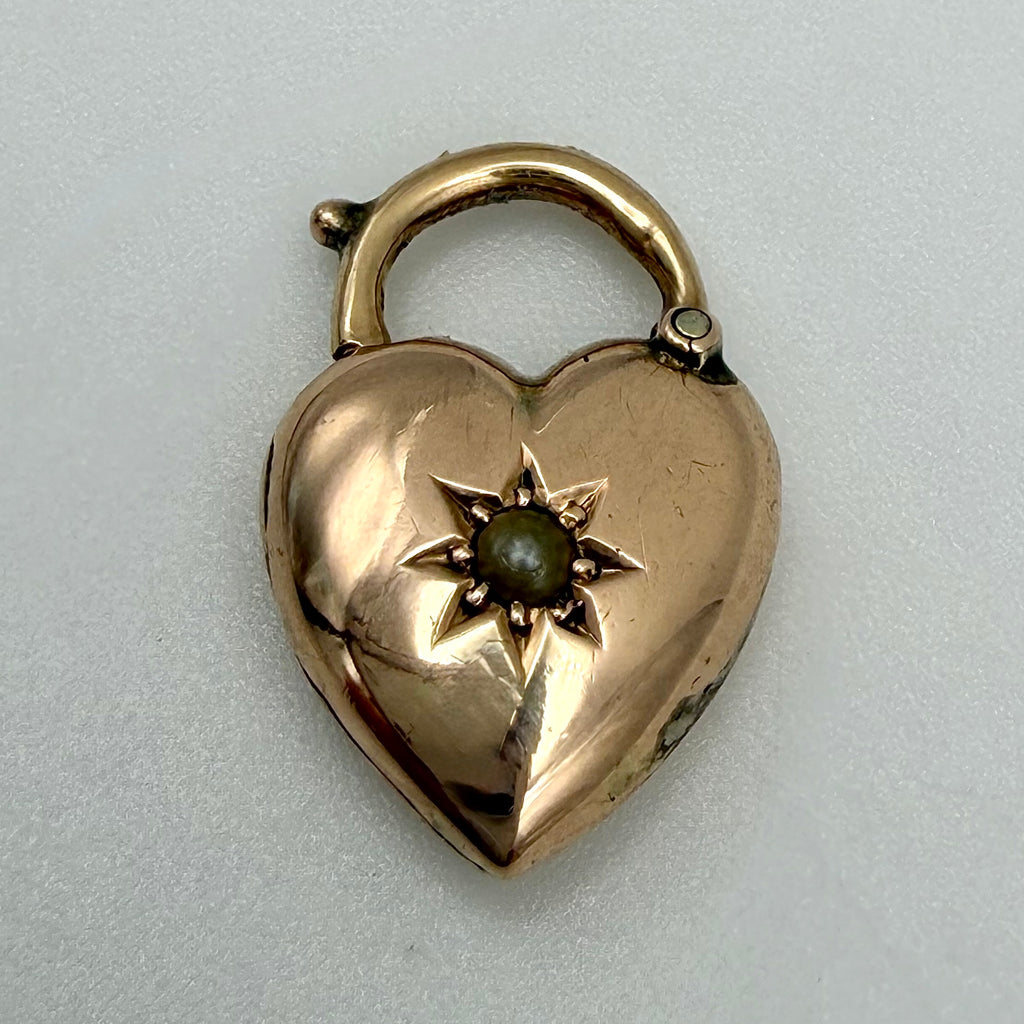 9ct Yellow Gold & Seed Pearl Starburst Heart Padlock