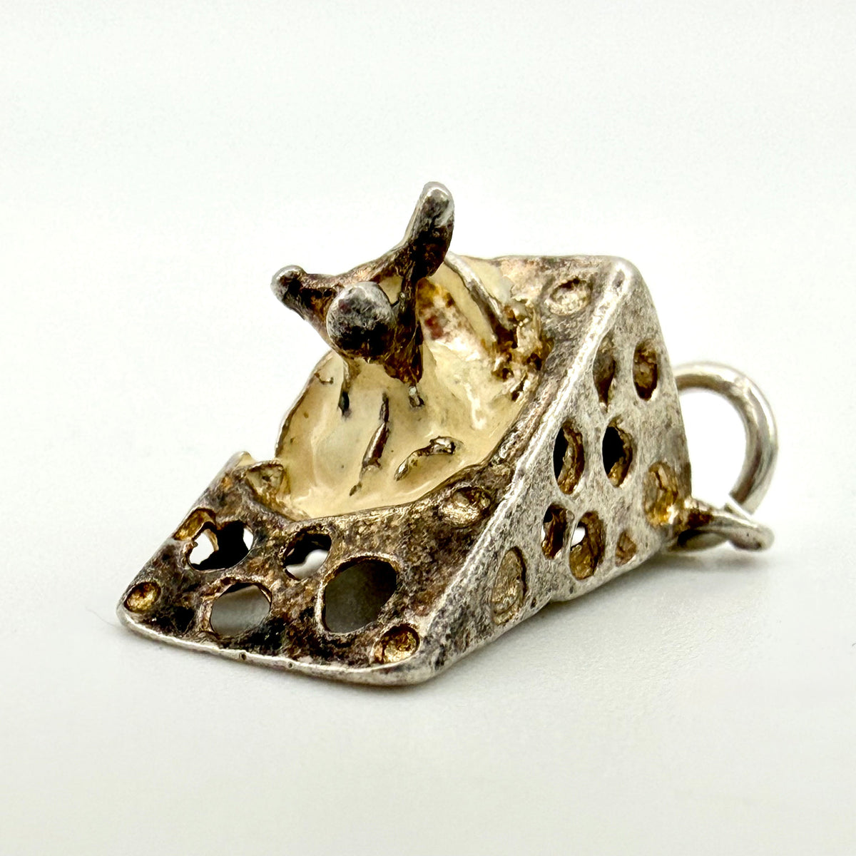 Vintage 925 Sterling Silver Enamel Mouse Swiss Cheese Wedge Charm - Pats Silver