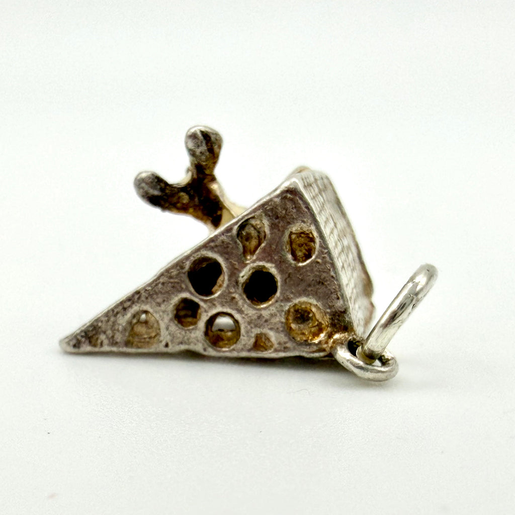 Vintage 925 Sterling Silver Enamel Mouse Swiss Cheese Wedge Charm - Pats Silver