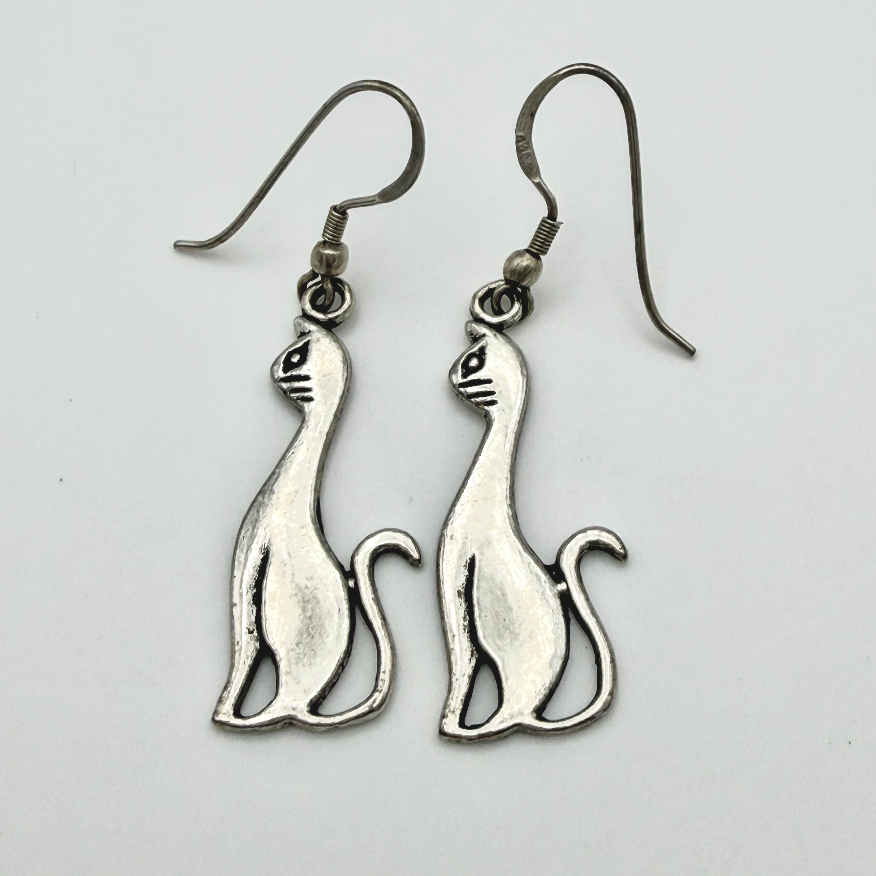 Vintage 925 Sterling Silver Cat Drop Earrings PAT133
