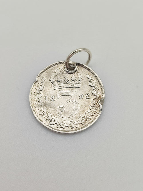 Antique 1892 Silver Three Pence Coin Charm CA17-104