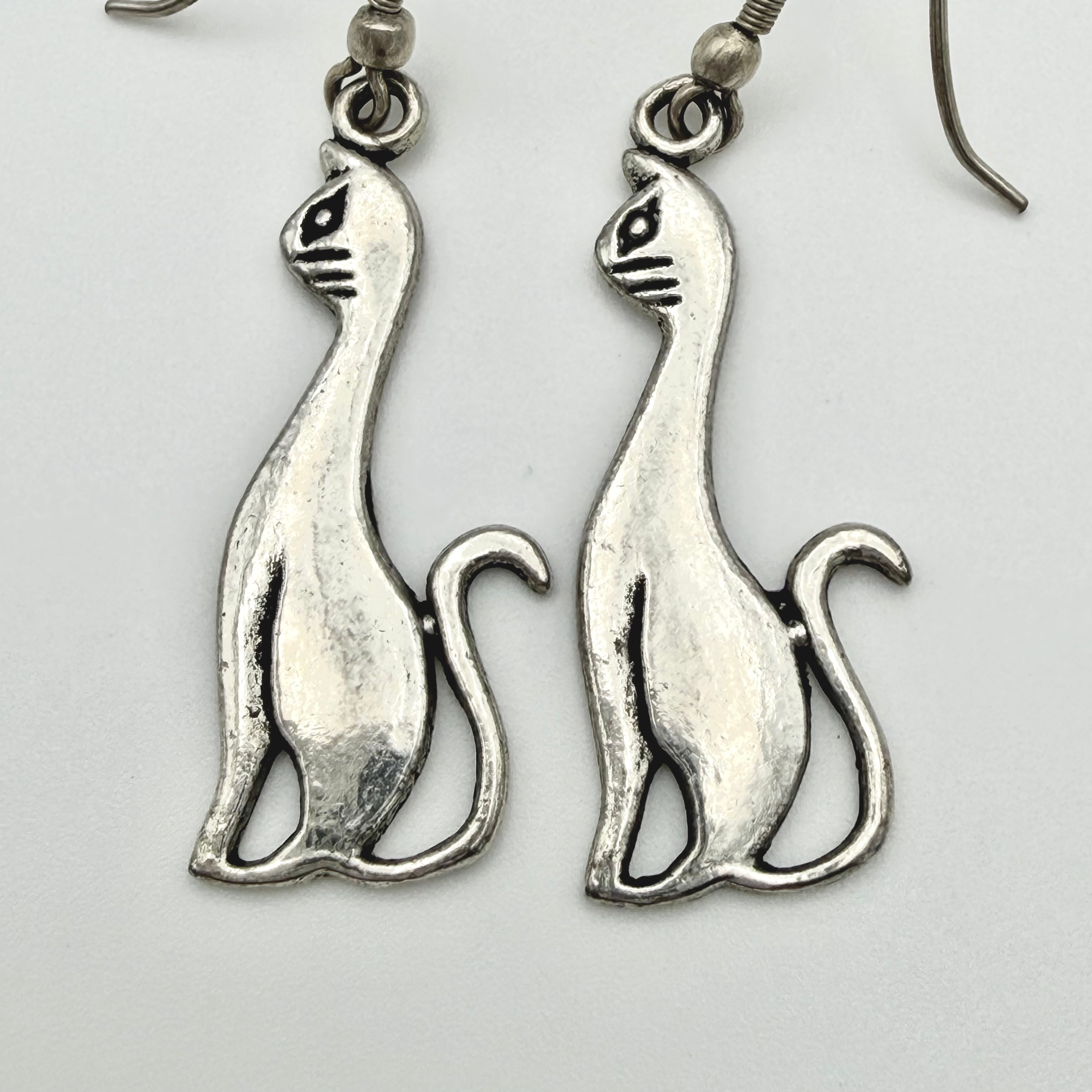 Vintage 925 Sterling Silver Cat Drop Earrings PAT133