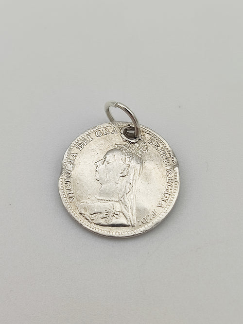 Antique 1892 Silver Three Pence Coin Charm CA17-104