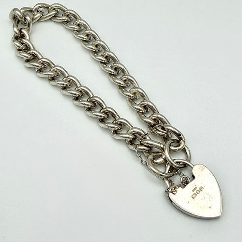 Vintage 925 Sterling Silver Heart Padlock Curb Bracelet Bracelets-65