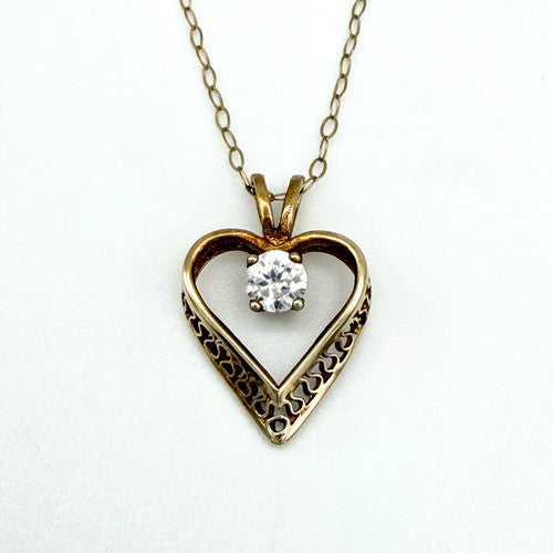 Vintage 9ct Yellow Gold CZ Heart Necklace PG85