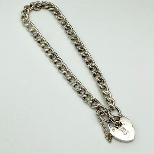 Vintage 925 Sterling Silver Heart Padlock Curb Bracelet Bracelets-64