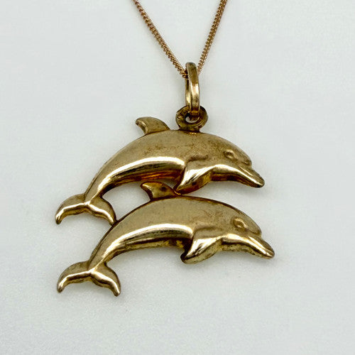 Vintage 9ct Yellow Gold Double Dolphin Necklace PG83