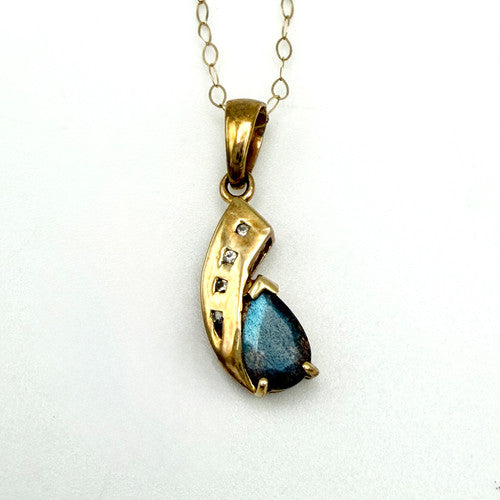 Vintage 9ct Yellow Gold Diamond & Labradorite Necklace PG61