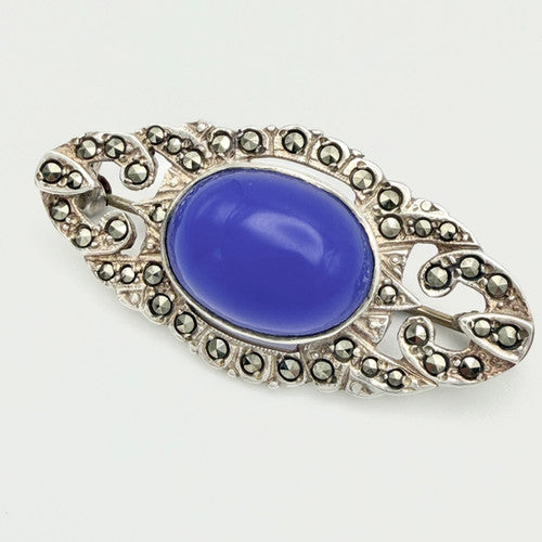 Vintage 925 Sterling Silver Marcasite & Glass Brooch PAT109
