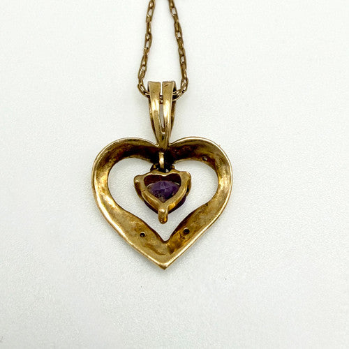 Vintage 9ct Yellow Gold Diamond & Amethyst Heart Necklace PG69