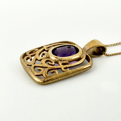 Vintage 9ct Yellow Gold Amethyst Filigree Necklace PG64