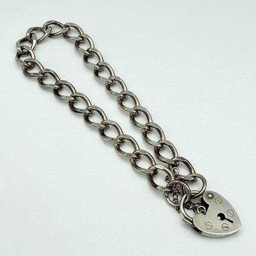 Vintage 925 Sterling Silver Heart Padlock Curb Bracelet Bracelets-63