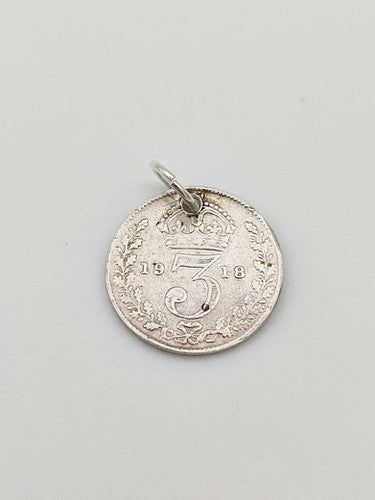 Antique Silver 1918 Three Pence Coin Charm CA15-103