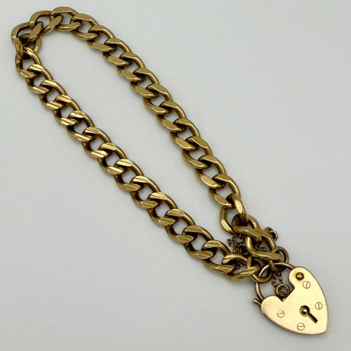 Vintage 9ct Yellow Gold Curb Link Padlock Bracelet PG4