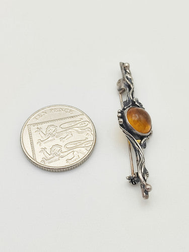 Vintage 925 Sterling Silver Floral Amber Brooch PAT51