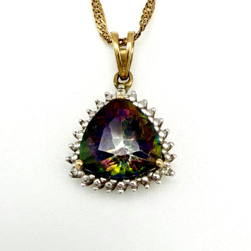 Vintage 9ct Yellow Gold Diamond & Mystic Topaz Necklace PG76