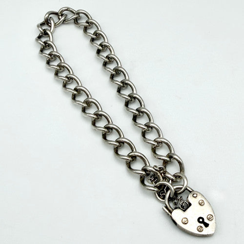 Vintage 925 Sterling Silver Heart Padlock Curb Bracelet Bracelets-66