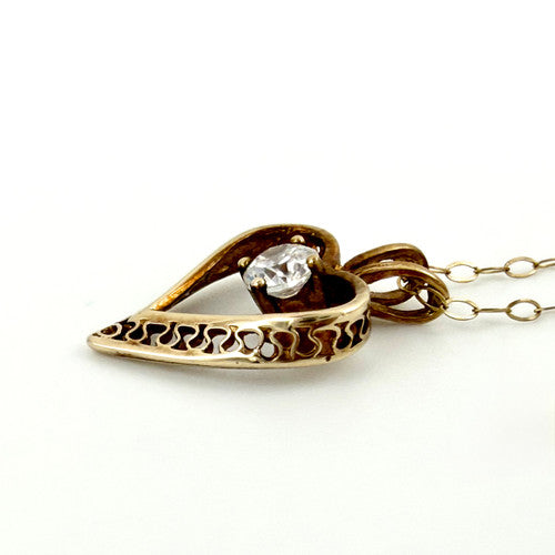 Vintage 9ct Yellow Gold CZ Heart Necklace PG85