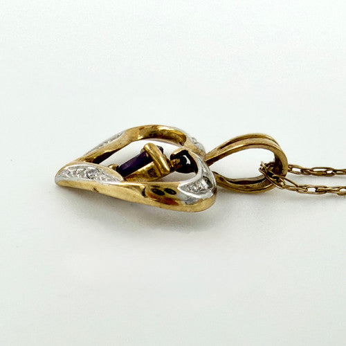 Vintage 9ct Yellow Gold Diamond & Amethyst Heart Necklace PG69