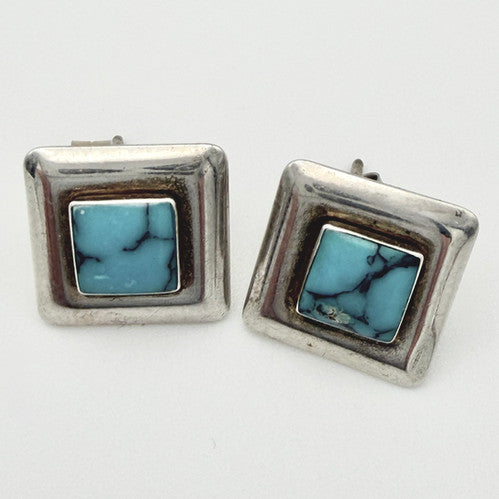 Vintage 925 Sterling Silver Turquoise Square Stud Earrings PAT139