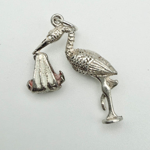 Vintage 925 Sterling Silver Stork & Baby Charm CA21-43