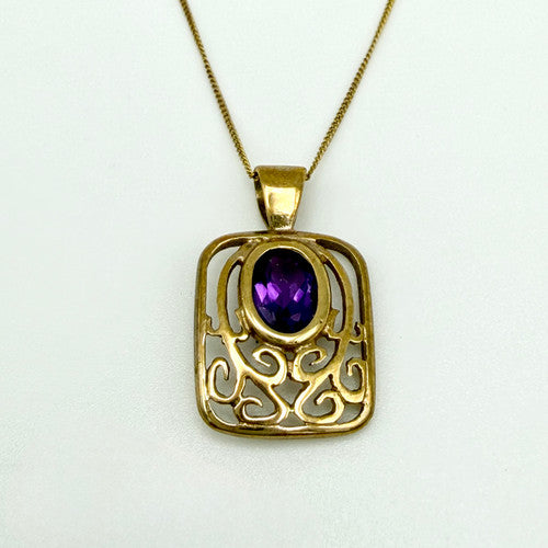 Vintage 9ct Yellow Gold Amethyst Filigree Necklace PG64