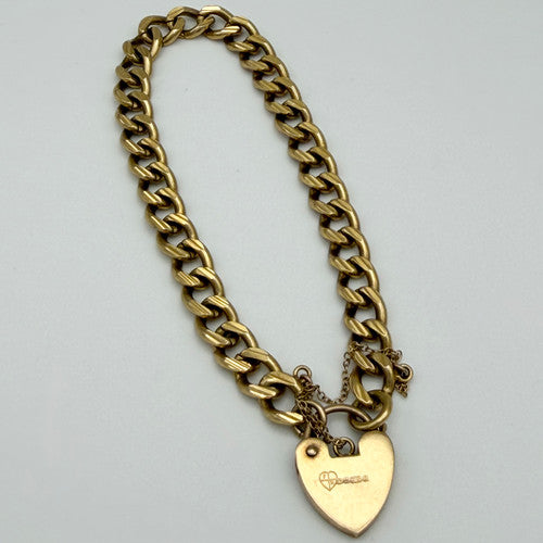 Vintage 9ct Yellow Gold Curb Link Padlock Bracelet PG4