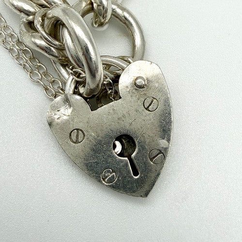 Vintage 925 Sterling Silver Heart Padlock Heavy Curb Bracelet Bracelets-62