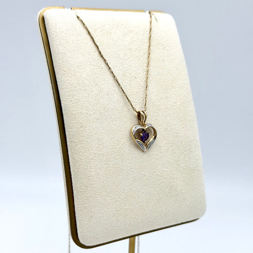 Vintage 9ct Yellow Gold Diamond & Amethyst Heart Necklace PG69