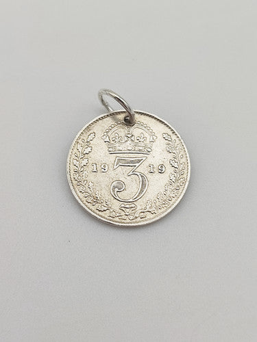 Antique 1919 Silver Three Pence Coin Charm CA17-95