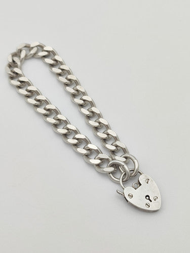 Vintage 925 Sterling Silver Flat Curb Link Padlock Bracelet Bracelets-4