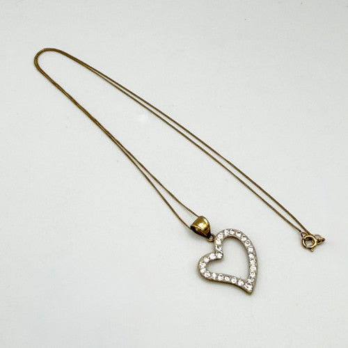Vintage 9ct Yellow Gold Crystal Heart Necklace PG63