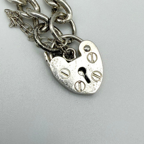Vintage 925 Sterling Silver Heart Padlock Curb Bracelet Bracelets-64
