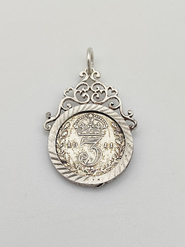 Antique 925 Sterling Silver 1911 Three Pence Coin Charm CA13-70