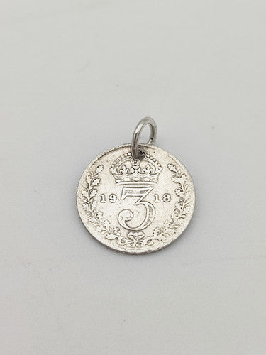 Vintage 925 Sterling Silver 1918 Three Pence Coin Charm CA14-65