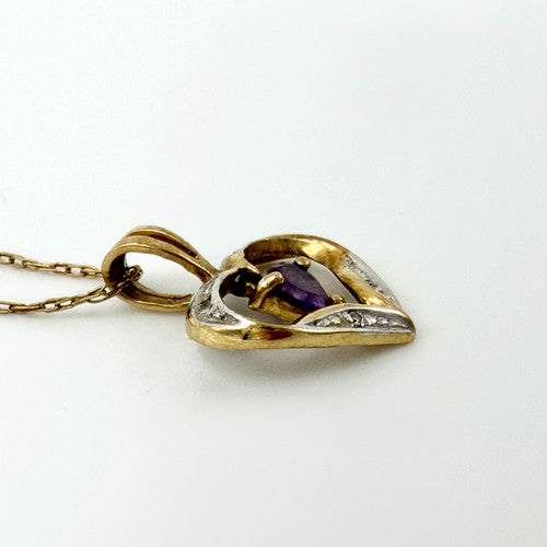 Vintage 9ct Yellow Gold Diamond & Amethyst Heart Necklace PG69