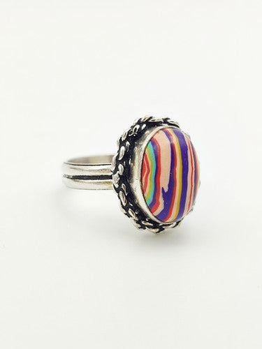 Vintage 925 Sterling Silver Rainbow Calsilica Ring PAT14