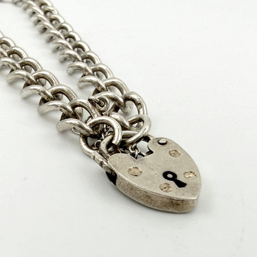 Vintage 925 Sterling Silver Heart Padlock Curb Bracelet Bracelets-66