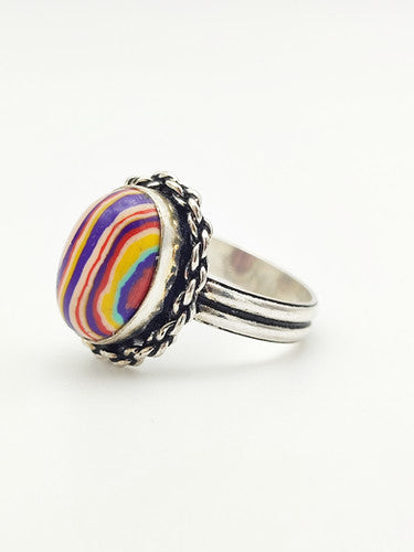 Vintage 925 Sterling Silver Rainbow Calsilica Ring PAT14