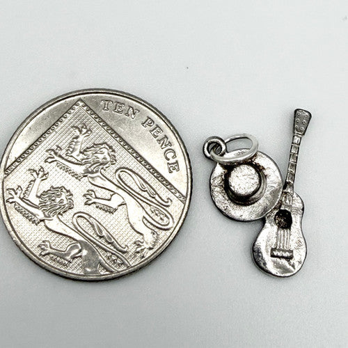 Vintage 925 Sterling Silver Musician Hat Guitar Charm CA29-9