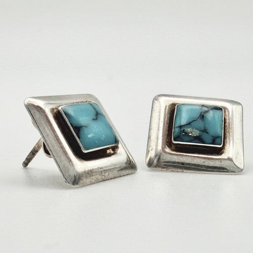 Vintage 925 Sterling Silver Turquoise Square Stud Earrings PAT139