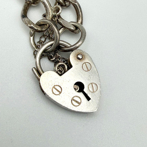Vintage 925 Sterling Silver Heart Padlock Curb Bracelet Bracelets-63